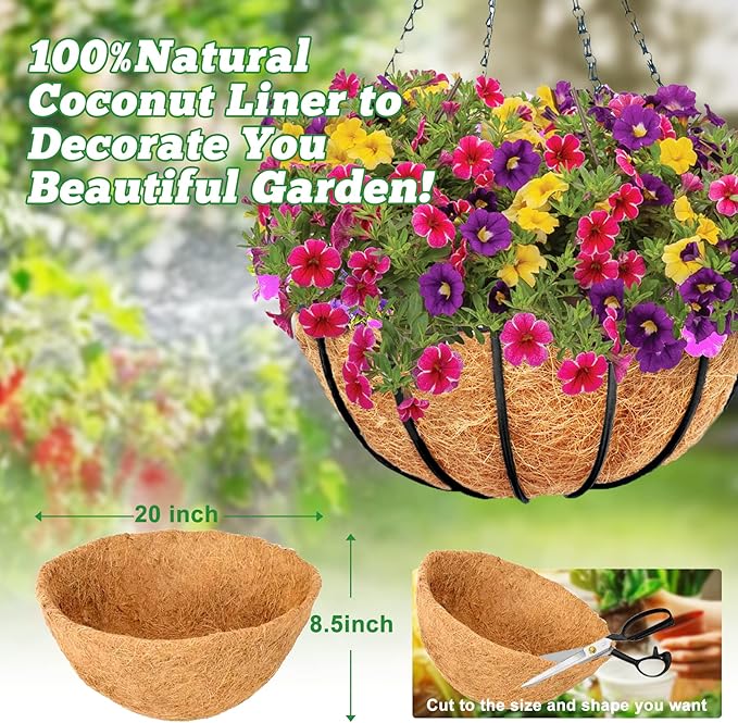 Y&M 2pcs 20“ Round Coconut Fiber Liner, 20'' Coco Liner Pre-Formed Replacement for Wall Hanging Planter Basket