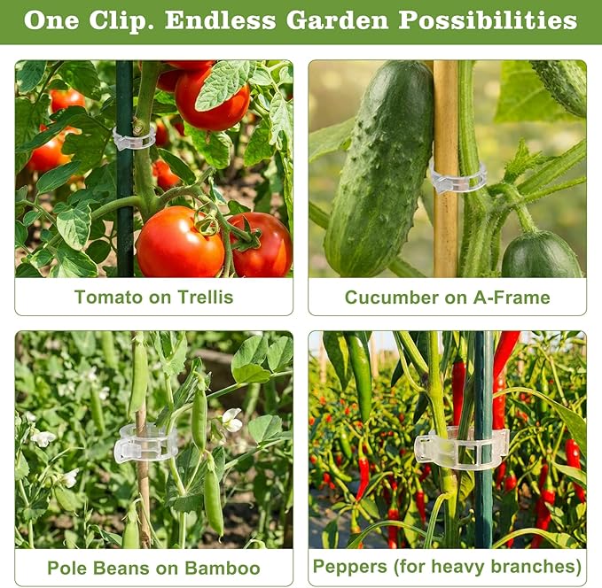 FEED GARDEN 120Pcs Plant Clips for Climbing Plants-Tomato, Cucumber, Grape & Vegetable Plant Supports, Reusable Tomato Clips Plastic Garden Clips, White