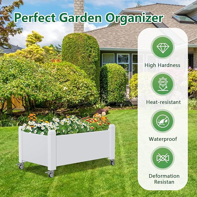 Raised Garden Bed with Wheels, 14 Gallon Self-Watering Raised Planter Box with Drainage Plug & Gauge for Vegetables Flowers Herbs Succulents, Rustproof Resin for Backyard Patio Porch (Ashen)