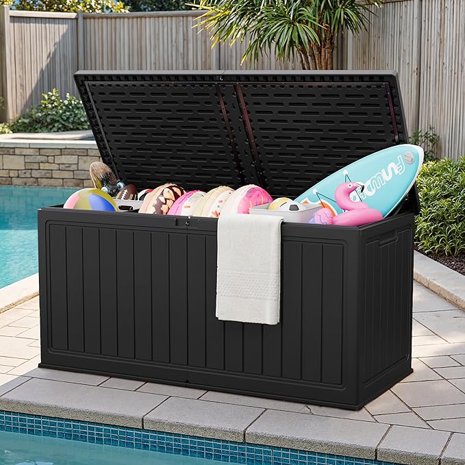 JUMMICO 270 Gallon Outdoor Storage Deck Box with Divider, Double Wall Storage Box with Lockable Lid for Garden Tools, Pools Supplies (Black)