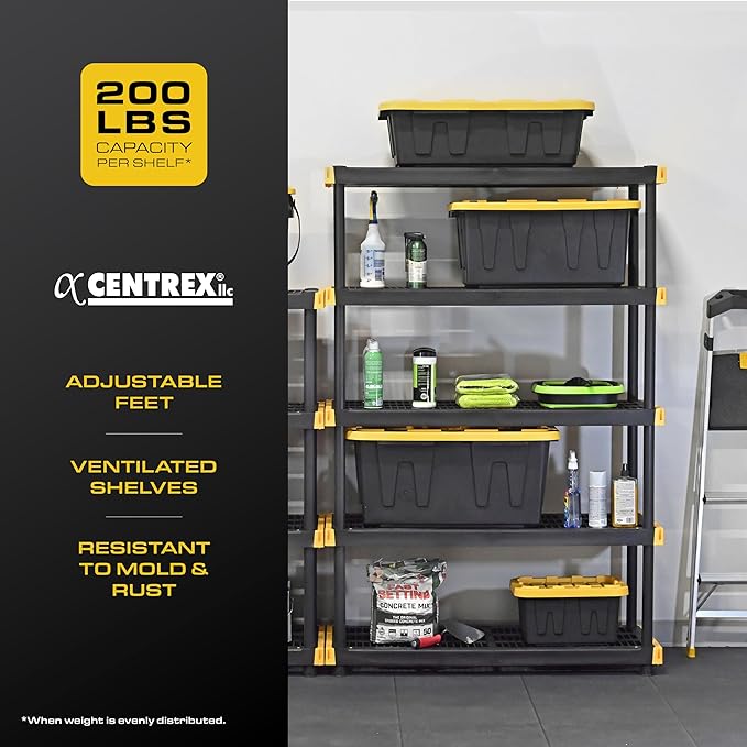 CX Black & Yellow, 5-Tier Heavy Duty Plastic Storage Shelves that Support up to 200lbs/shelf, Organization and Storage, Weather-Resistant Design, Easy Assembly (72”H x 48”W x 20”D)
