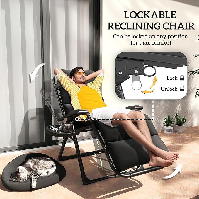 Outsunny Zero Gravity Chairs Set of 2, Reclining Folding Zero Gravity Lounge Chair, Outdoor Lounge Chairs with Removable Cushion, Headrest, and Cup Phone Holder Tray for Patio, Beach, Black