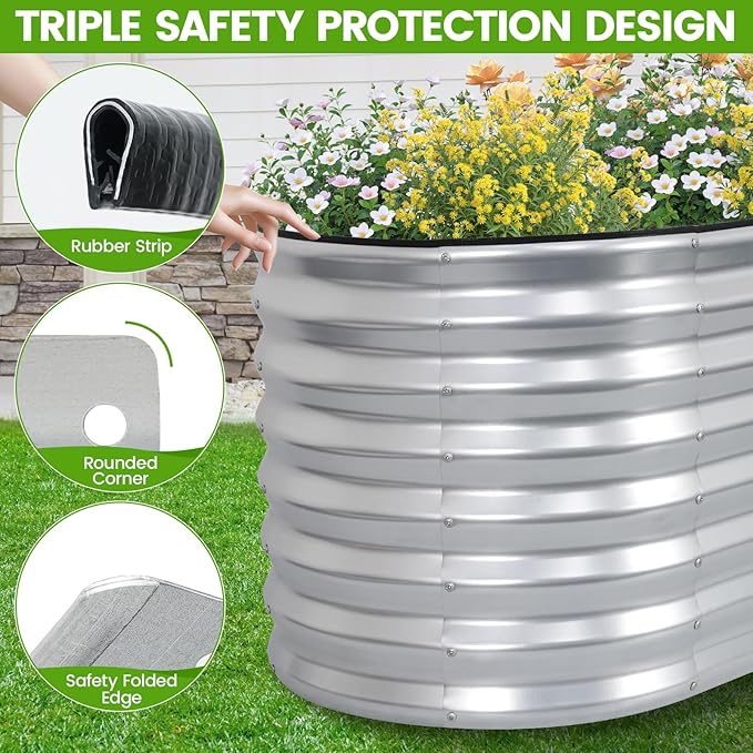 Galvanized Raised Garden Bed Outdoor 24'' Deep | Oval Metal Garden Beds with Easy Assembly & Planter Box for Planting Deep Root Vegetables Fruits Flowers, 4x2x2ft Silver