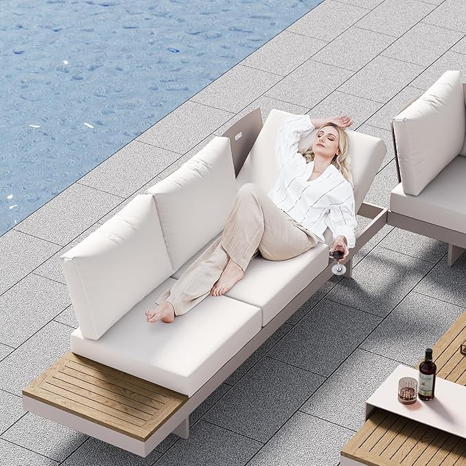 homary 6 Piece Aluminum & Teak Outdoor Sofa Set, Patio Sofa Seat L-Shaped Outdoor Sectional Sofa Set with Adjustable Backrests/Waterproof/Fade Resistant Cushions Ideal for Patios/Balconies,Light Gray