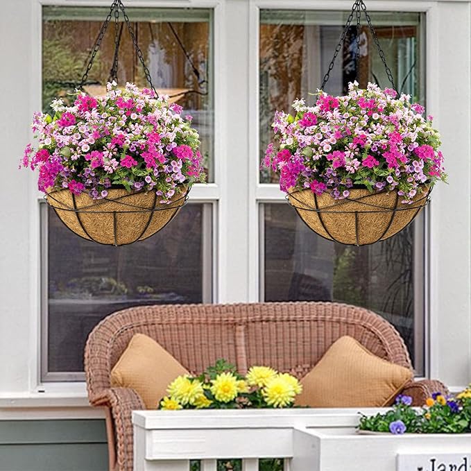 2 Pack 18 Inch Extra Large Deep Hanging Baskets for Plants Outdoor Metal Hanging Planters Flower Pots with Coco Liners Black Hanging Plant Holder for Porch Balcony Garden Planting