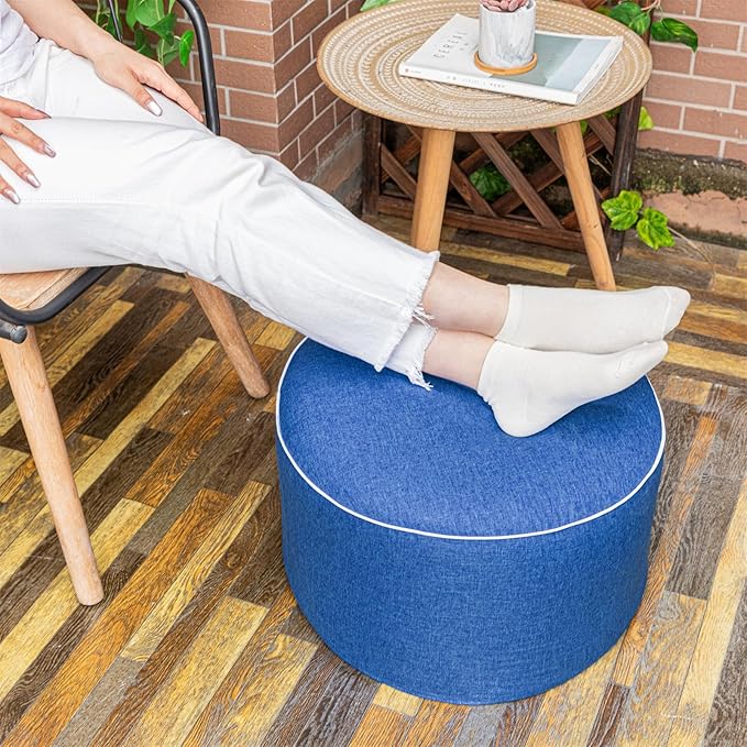 Outdoor Ottoman Outdoor Ottomans for Patio 19x12 Inches Modern Lightweight Foam Stuffed Pouf Outdoor Footstool Footrest Foot Stool Waterproof (Blue)