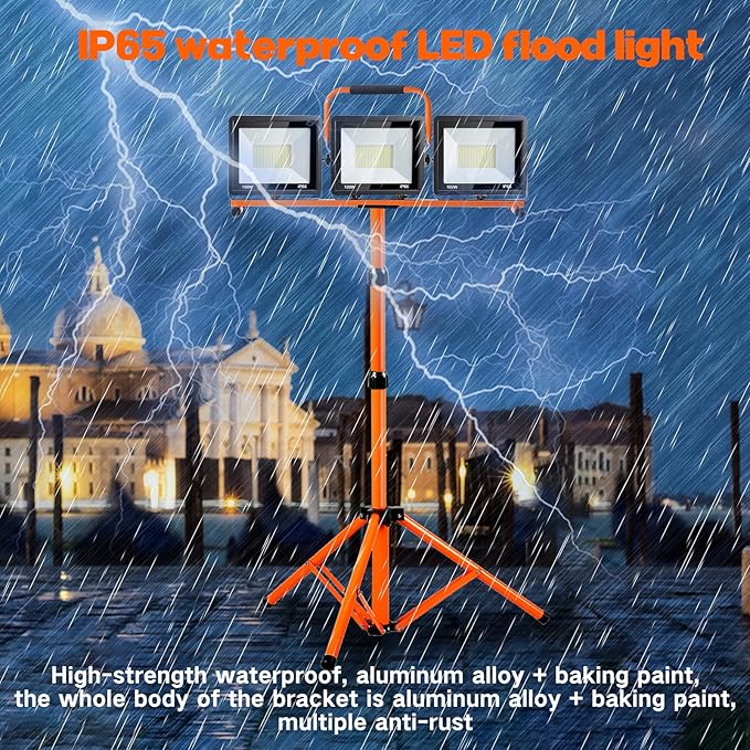 22000 Lumen Work Lights with Stand, 3 Head Portable LED Work Light, with Adjustable&Foldable Tripod Stand, IP66 Waterproof Lamp for Outdoor Indoor Job Site Workshop Garage Construction Site Lighting