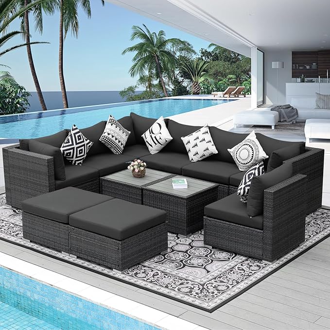 NICESOUL 11 Piece Modern Outdoor Furniture Sofa Set, Extra Large Size Wicker Patio Modular Sectionals, 29.3'' High Back All-Weather Conversations, Deep Wide Seats Sofa Couches for Backyard Deck, Grey