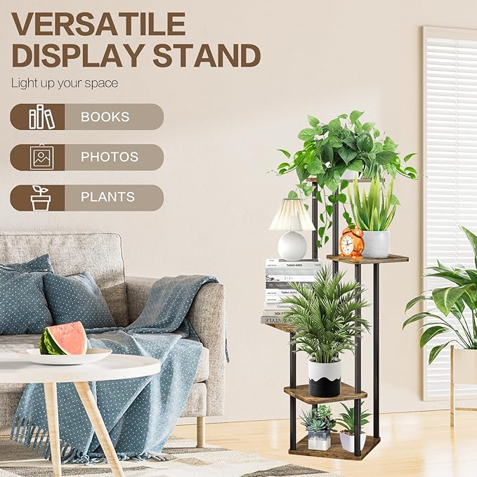 5 Tier Plant Stand Indoor, Thickened Metal Wood Corner Plant Shelf Stands for Multiple Plants, Indoor Tall Plants Stand Tiered Flower Holder for Living Room Patio Garden Balcony(Black+Brown)