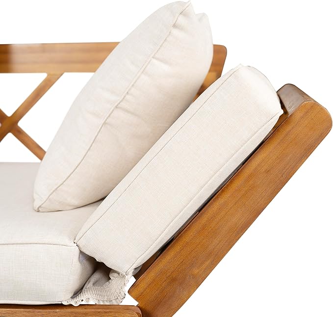 Merax Outdoor Patio Daybed Sofa,3-Seat Sofa with Foldable Arm 4 Back Pillows,Teak Acacia Wood Frame Beige Removable Cushion,Teak+ Beige