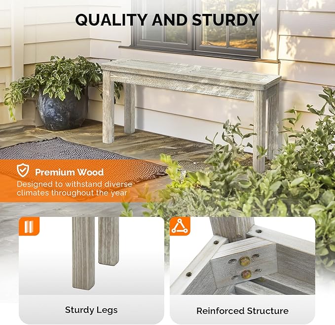 VINGLI Outdoor Wooden Bench, 40” Porch Bench Outdoor Backless Garden Bench, Small Outdoor Bench for Deck Patio Entryway (Grey, 40in)