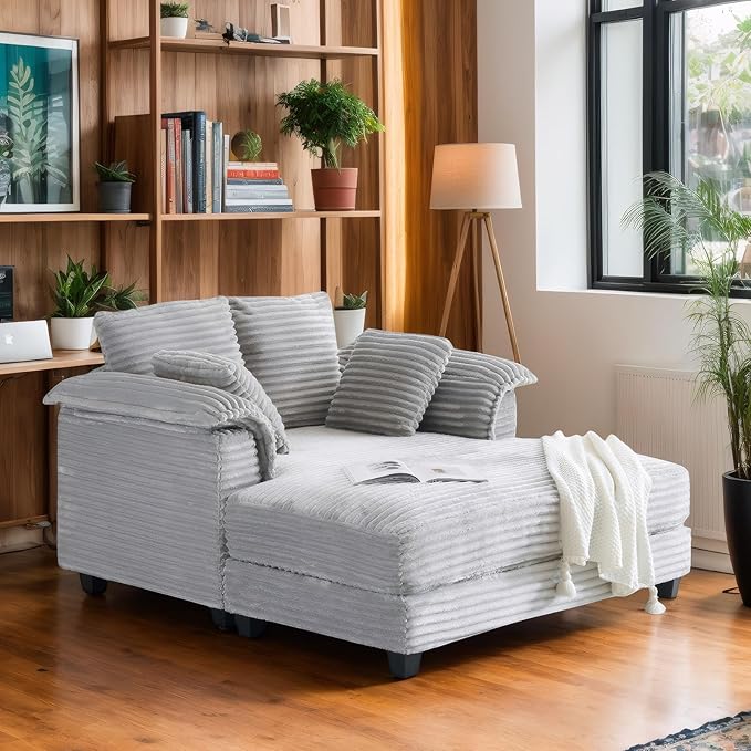 VINGLI 56" Oversized Chaise Lounge Chair, Light Grey Comfy Corduroy Chaise Sofa Recliner Bed Upholstered Sleeper Couch Bed with Throw Pillows and Armrests for Living Room, Movie Room, Bedroom