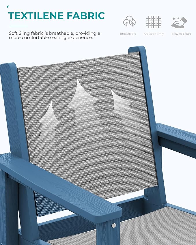 SERWALL 3 Pieces Textilene Adirondack Bar Set, Tall Adirondack Bar Height Chairs with Bar Table, Sling Balcony Adirondack Chairs, Weather Resistance Resin Outdoor Bar Height Stools, Blue