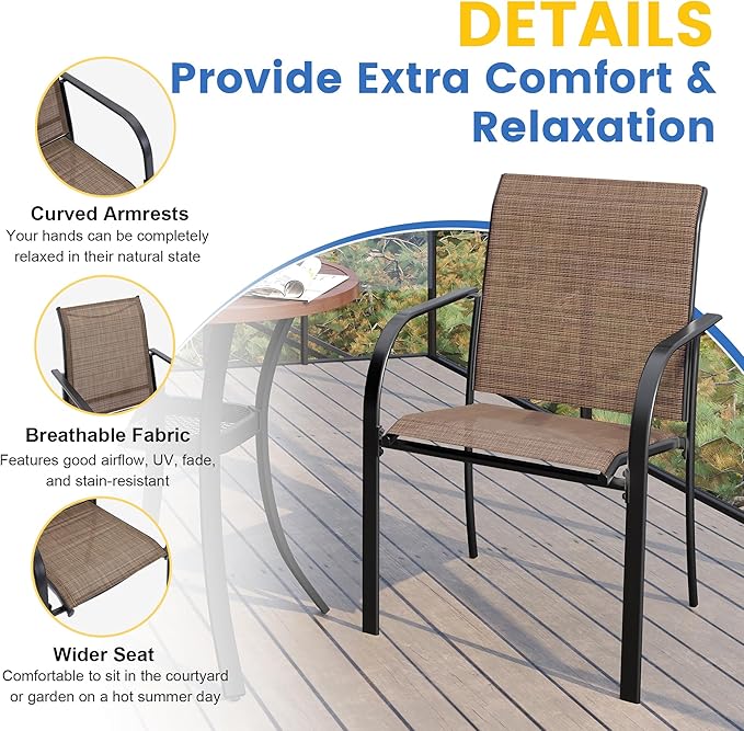 VICLLAX Patio Table and Chair Set of 6, All Weather Metal Round Outdoor Dining Furniture Set-50 Round Outdoor Table and Chairs, Walnut Wood Grain Tabletop