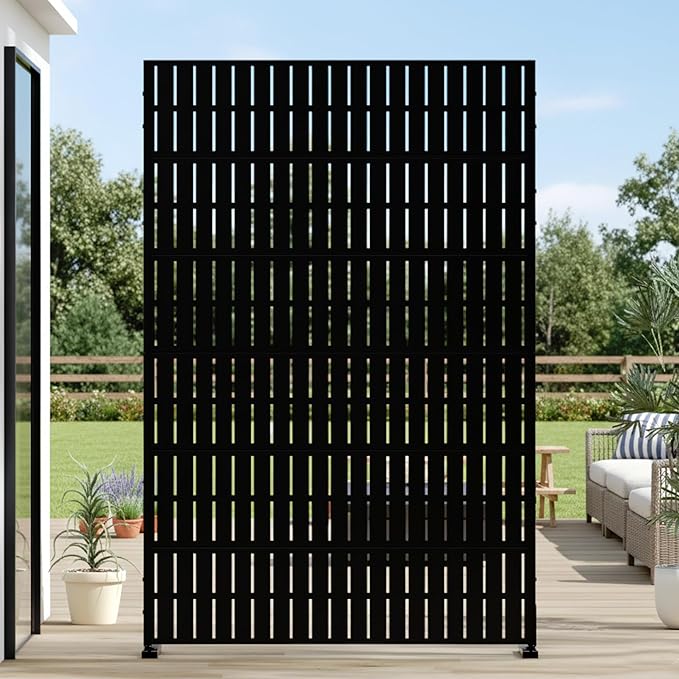 Casaphoria Metal Privacy Screen Outdoor, 72" H x 47" W Freestanding Decorative Privacy Screen for Patio Deck Balcony Garden with Stable Base, Black-Fence