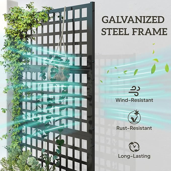 Outsunny Galvanized Raised Garden Bed with Trellis, Metal Planter Box with Drainage Holes, Outdoor Privacy Screen for Climbing Plants, Vegetable, Vines, 43" x 16" x 70", Black