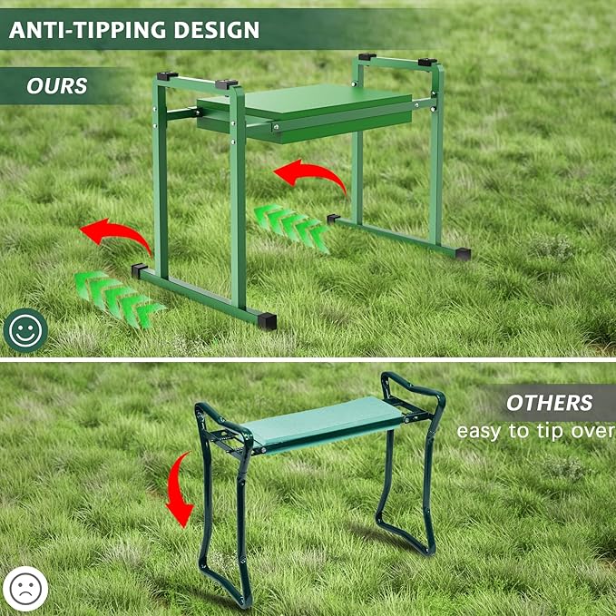 FLINTER Garden Kneelers Seat, Stable and Save Tip-Resistant Design 10.2" Wider Garden Kneeler and Seat with Handle, Heavy Duty Gardening Stool for Seniors, Gardening Weeding Bench for Parents - Green