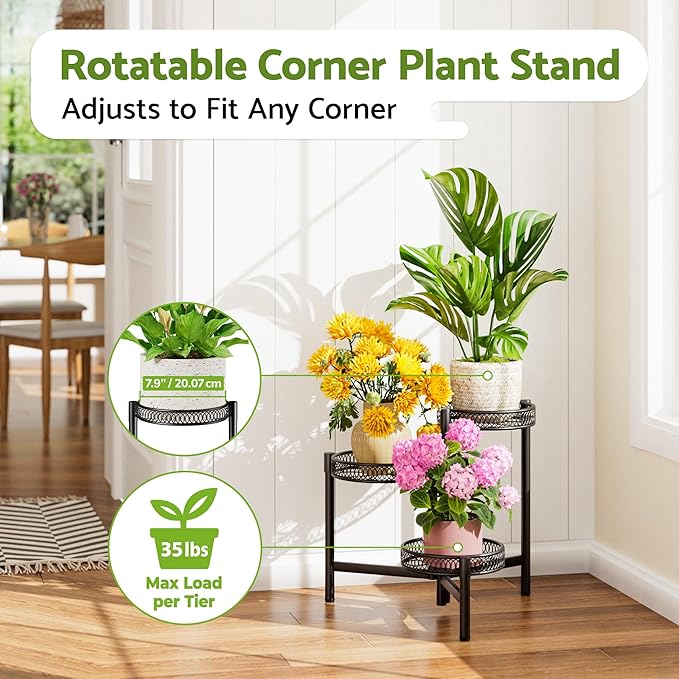3 Tier Metal Plant Stand Indoor Outdoor, Corner Tall Plant Shelf for Multiple Plants, Foldable Heavy Duty Plant Holder, Decoration Flower Pot Stand for Patio Living Room Balcony Garden - BlackFlower
