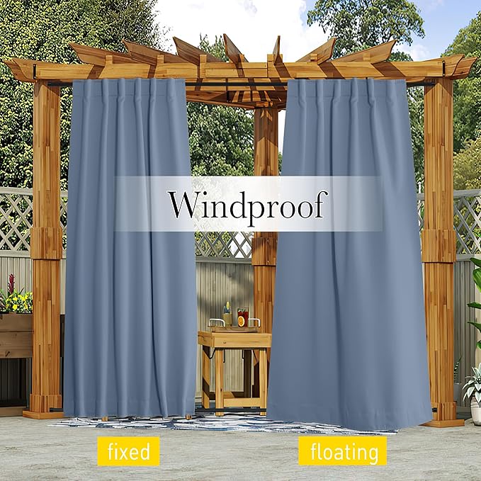 NICETOWN 2 Panels Outdoor Curtains Waterproof Pocket & Back Tab on Top & Bottom, Thermal Insulated Fixed Windproof Outdoor Drapes Privacy for Patio with Rope for Fixed, W52 x L95, Stone Blue