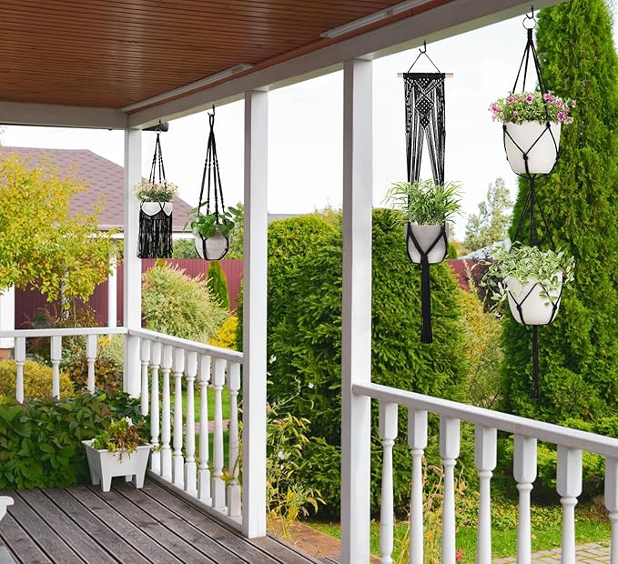 Mkono Macrame Plant Hangers, 5 Pack Different Tiers Indoor Hanging Planters Basket with 5 Hooks Decorative Flower Pots Holder Stand Boho Home Decor, Black