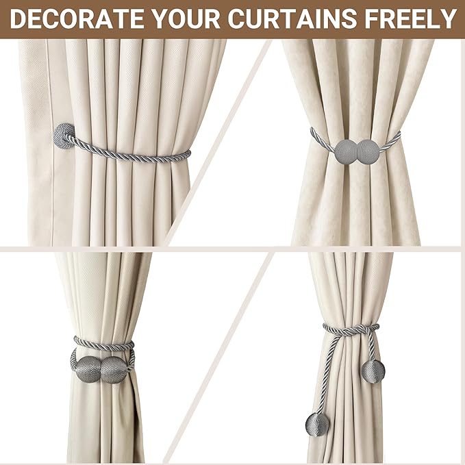 Hion Magnetic Curtain Tiebacks Grey 2pcs, Curtain Tiebacks Buckles Holdbacks Holders Hooks Clip for Home Bedroom Office Decorative Curtain