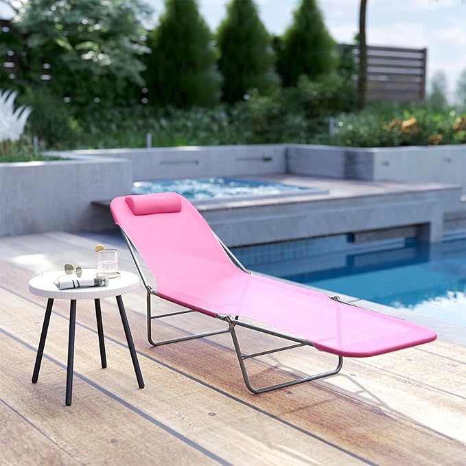 Outsunny Folding Chaise Lounge Chair, Pool Sun Tanning Chair, Outdoor Lounge Chair with Reclining Back, Breathable Mesh Seat, Headrest for Beach, Yard, Patio, Pink
