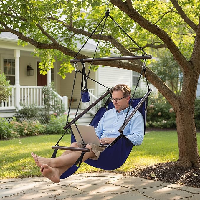 ONCLOUD Upgraded Unique Hammock Hanging Sky Chair, Air Deluxe Swing Seat with Rope (Navy Blue)