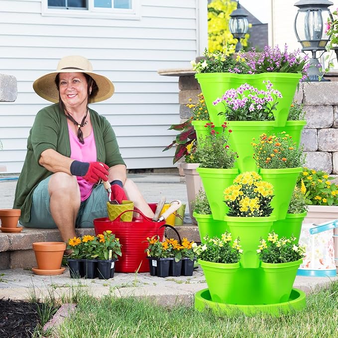 Umigy 2 Set 5 Tier Stackable Planters Vertical Garden Planters for Strawberry Herb Flower and Vegetable Indoor Outdoor Gardening Pots with Removable Wheels and Bottom(Green)
