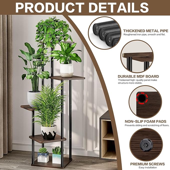 5 Tier Wood Tall Plant Stand Metal Rack Indoor, Multiple Flower Pot Holder Shelves Corner Rack, Planter Shelf Display Rack Storage Organizer for Patio Living Room Balcony Garden(Black Oak)