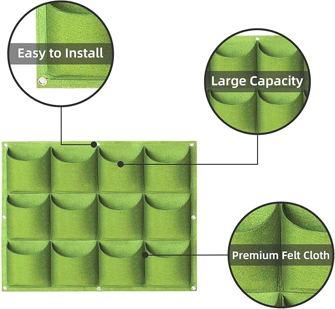 Hanging Planting Grow Bags, 12 Pockets Hanging Vertical Wall Planter Wall Mounted Grow Bag Outdoor Indoor Gardening Vertical Greening Flower Container, Planting Bags Storage Bags(0.6 m × 0.8 m, Green)