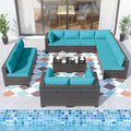 ALAULM Patio Furniture Set with Coffee Table, 14 Pieces Outdoor Sectional with Wide Seat and Thick Cushion, All Weather Wicker Rattan Conversation Set for Backyard, Garden, Deck, Turquoise