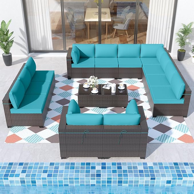 ALAULM Patio Furniture Set with Coffee Table, 14 Pieces Outdoor Sectional with Wide Seat and Thick Cushion, All Weather Wicker Rattan Conversation Set for Backyard, Garden, Deck, Turquoise