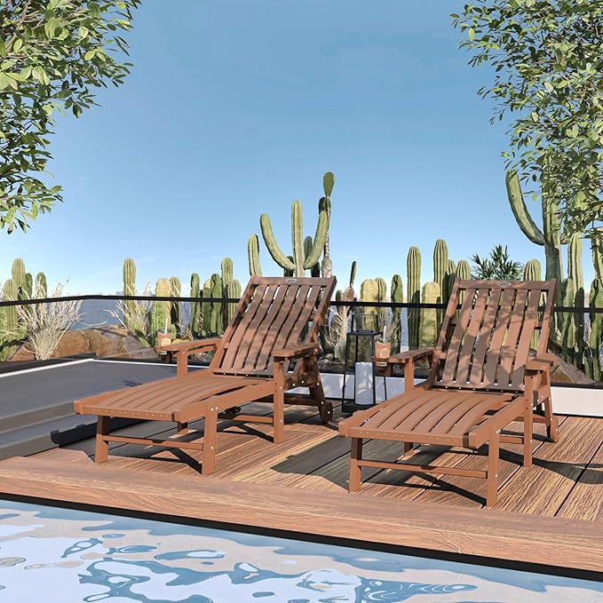 Patio Chaise Lounge Chair, Oversized Lounge Chair Outdoor with 5 Positions, HDPE, Patio Lounge Chair with Wheels & Cup Holder for Pool, Deck, Poolside,Wood