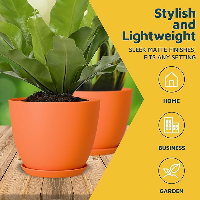 Yellow Plant Pots with Drainage Holes & Saucers 10 Pack, Indoor & Outdoor Stackable Space-Saving Planters for Houseplants & Flowers, (7", 6.7", 6", 5.3", and 4.8" Inches), Durable & Weatherproof