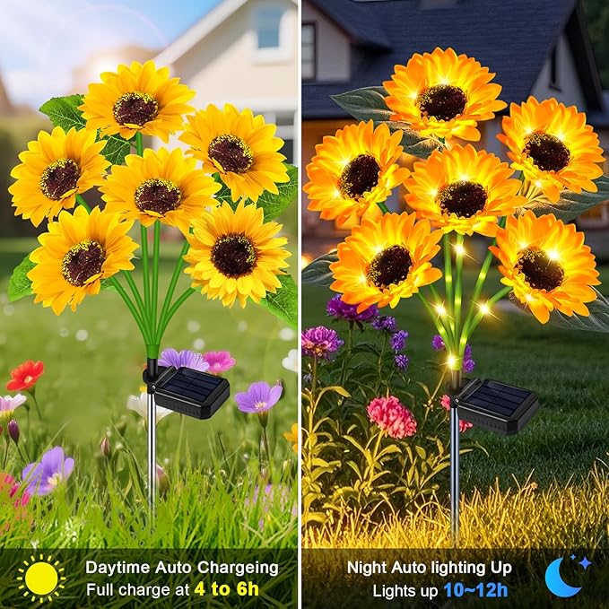 Solar Sunflower Lights Outdoor Flower Garden Stake Lights,4 Pack 24 Sunflower Waterproof Lights for Outside Party Gardening Gifts Mother's Day for Patio Yard Pathway Party Housewarming Gift