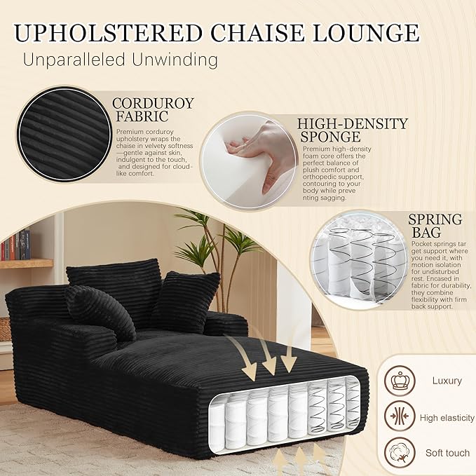 80 Inch Chaise Lounge Chair Indoor, Oversized Corduroy Upholstered Boneless Sofa Bed, Deep Seat Sleeper Couch Reading Chairs, Cloud Sofas Couches for Living Room, No Assembly Required (Black)