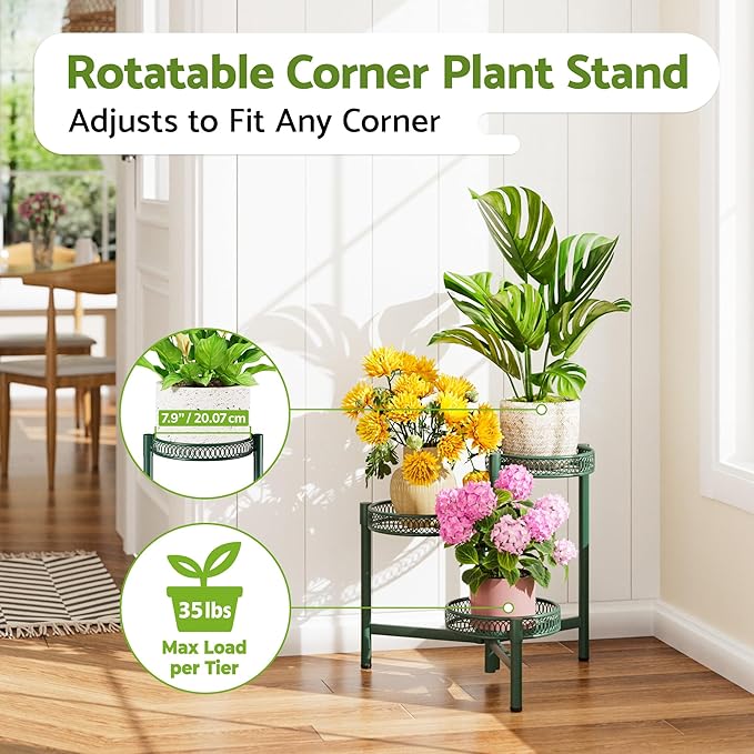 Plant Stand Indoor Outdoor, 3 Tier Corner Metal Flower Display Holder Shelf, Folding Tall Plant Rack for House Patio Balcony Porch Garden Living Room, Heavy Duty Anti-Rust Wrought Iron - GreenFlower