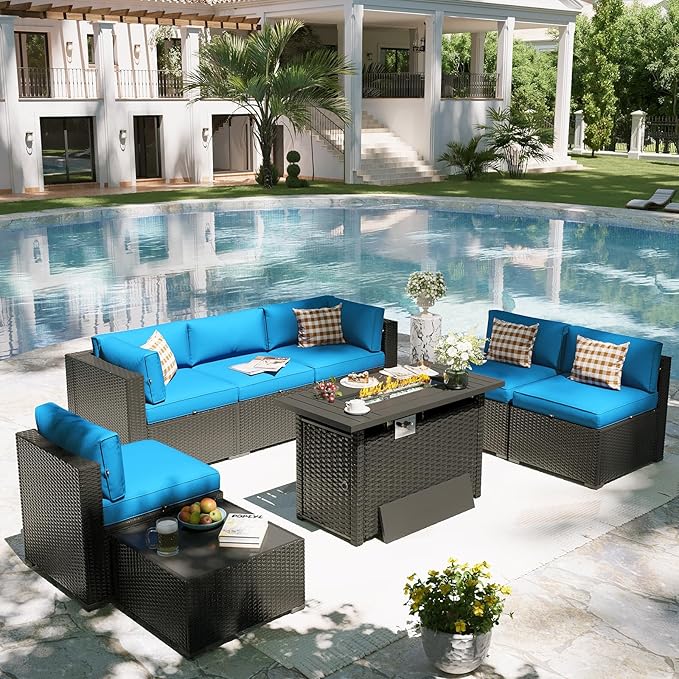 Aoxun Patio Furniture Set with Fire Pit Table, 8 Piece Outdoor Sectional Sofas, Wicker Rattan Outdoor Furniture with Thickened Cushion for Backyard, Garden Peacock Blue