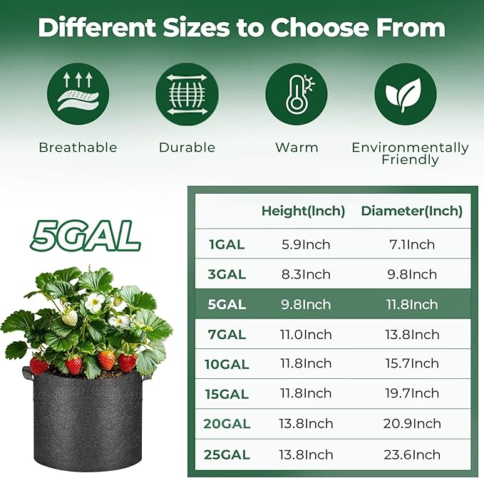 T4U 5 Gallon Grow Bags, Upgrade Grow Bags with Handles, Heavy Duty Thickened Nonwoven Fabric Pots, 5 Gallon Pots for Plants, Strawberry, Cherry Tomatoes (10 Pack)