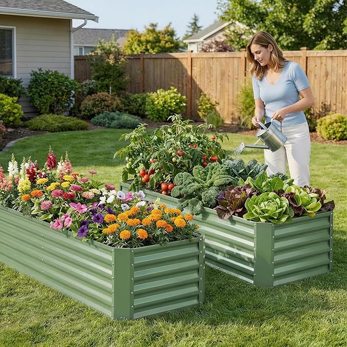 ZORMY 6×2×1.4ft Galvanized Raised Garden Bed Kit, Metal Planter Boxes Outdoor, High Raised Beds for Vegetables, Fruits, and Flowers - LotusGreen