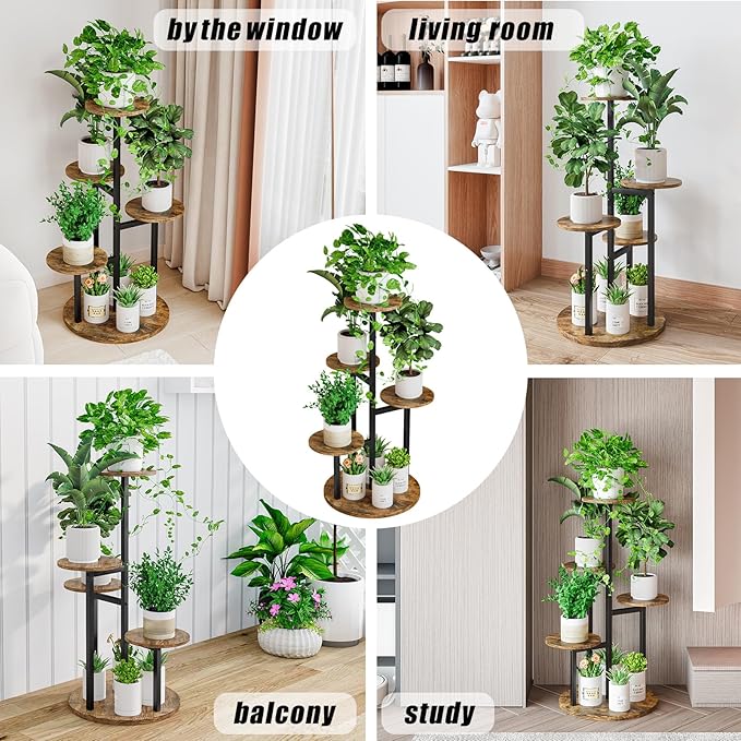 Plant Stand Indoor 5 Tier 8 Potted Multiple Flower Pot Holder for Patio Garden Balcony Living Room Corner (5 Tier Black+Rustic Brown)