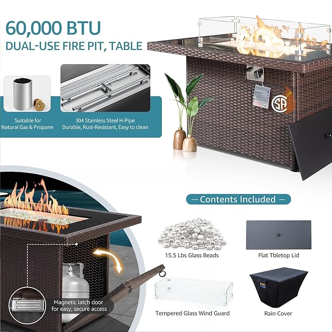NICESOUL 7 Piece Patio Furniture Set with Natural Gas/Propane Firepit, 29.3'' High Back Comfy Outdoor Conversation Sofa Sets, Deep Seat Sectional Couch for Heavy Weight, Brown Rattan and Teal Cushion