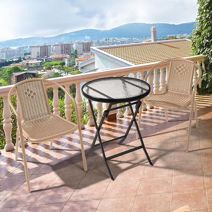 VINGLI PE Rattan Outdoor Dining Chairs Set of 4, Plastic Stackable Patio Chairs for Indoor, Porch, Restaurant, Garden,Champagne