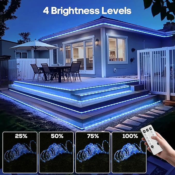 100Ft 720 LED Rope Lights Outdoor Waterproof with Remote, 8 Modes and 4 Brightness Blue Rope Lights for Outside, Garden, Patio, Pool, Bedroom, Party, Indoor Outdoor Decoration (Blue)