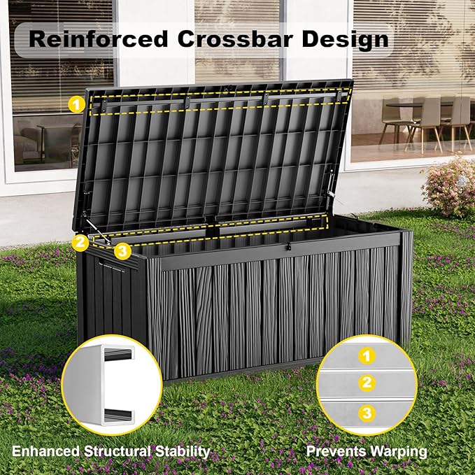 ROJIK 150 Gallon Outdoor Storage Box Waterproof - Patio Furniture Outside Deck Box, Garden Tools, Cushions, Pool Accessories Storage Bench with Lockable Lid and Side Handles (Black, 150 Gal)