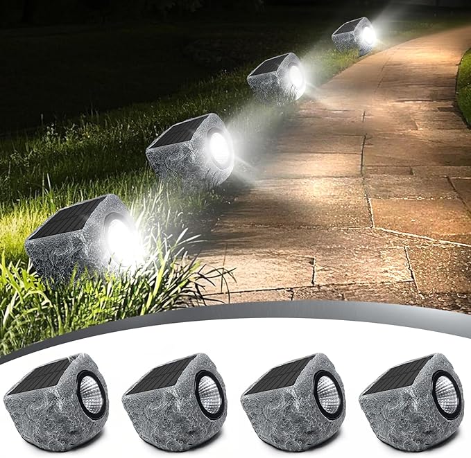 Solar Rock Lights Outdoor 4 Pack, Bright Solar Spotlights Outdoor Waterproof, Wireless LED Rock Lights, Auto On/Off Landscape Spotlights Walkway Solar Lights for Outside Yard Patio Pathway Flowerbed