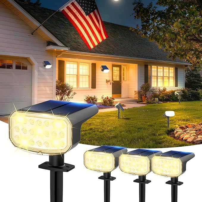 Solar Lights Outdoor Waterproof IP65, Super Bright LED with Lens, 3000K 2 Lighting Modes, Solar Powered Yard Garden Solar Spot Lights for Outside Landscape Auto On/Off -4 Pack