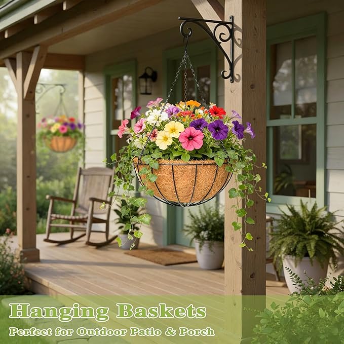 4 Pack 14 Inch Hanging Baskets for Plants Outdoor Metal Hanging Planter Hanging Flower Baskets with Coco Fiber Liners Chain Round Wire Plant Holder Hanging Flower Pots(Watermelon)