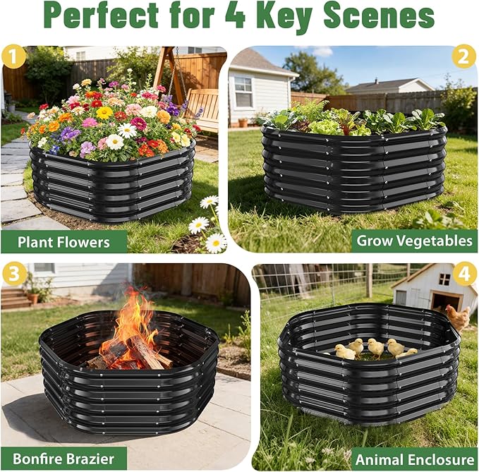 Hexagon Raised Garden Bed, 48 Inch Diagonal & 16.5 Inch Tall, Galvanized Steel Planter Box with Wave-Shaped Metal Panels for Outdoor Flower,Tree,Herb & Vegetable Garden (Black, 4FT X 1.5FT)