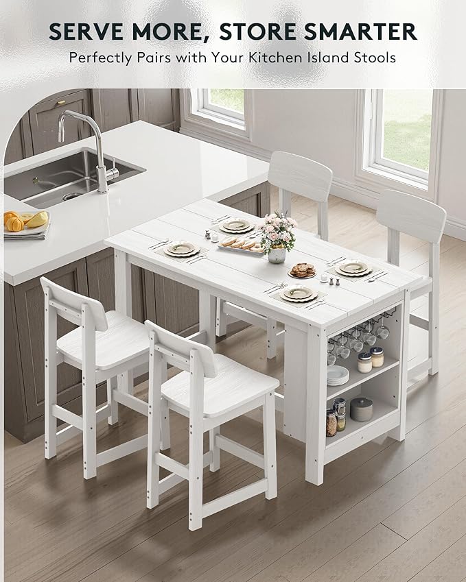 SERWALL 10-Piece HDPE Counter Height Dining Table Sets with Storage and Wine Rack, 2 Rectangular Bar Table with Bar Stools Set of 8 for Garden, Backyard, Kitchen, White
